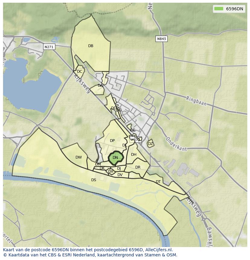 Afbeelding van het postcodegebied 6596 DN op de kaart.