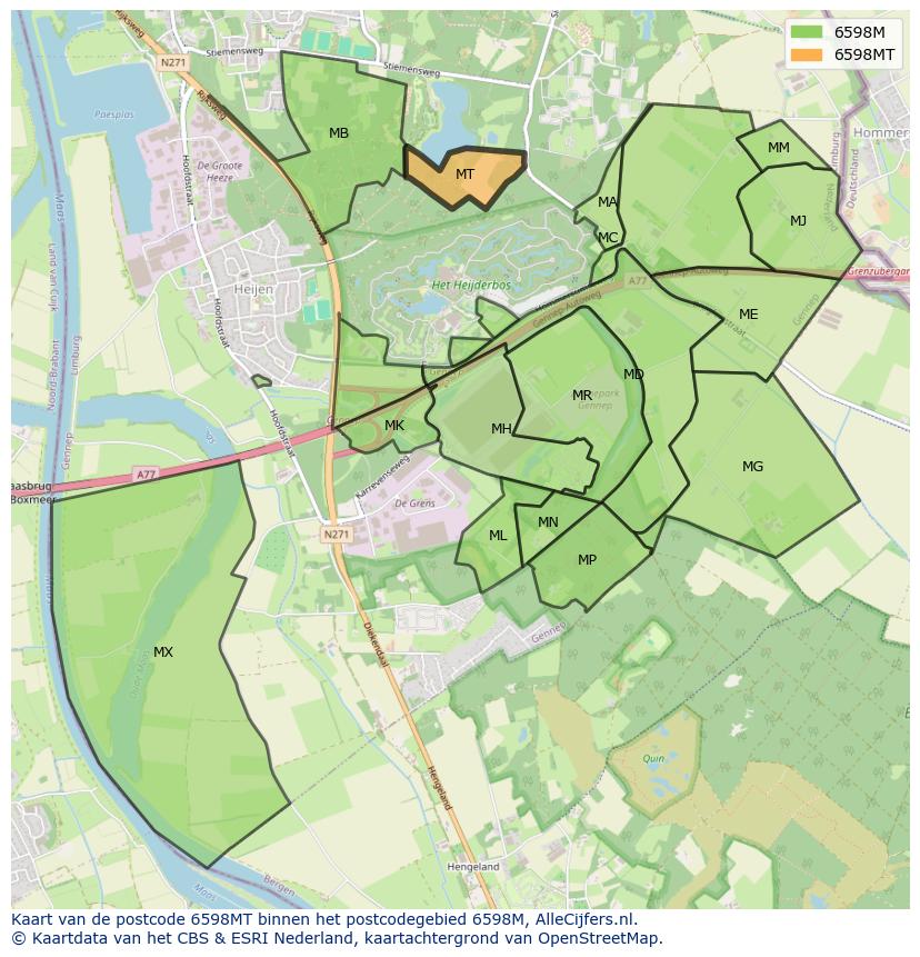 Afbeelding van het postcodegebied 6598 MT op de kaart.