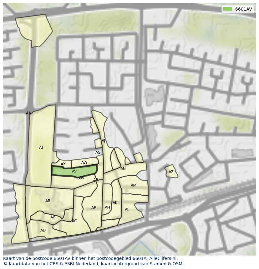 Afbeelding van het postcodegebied 6601 AV op de kaart.