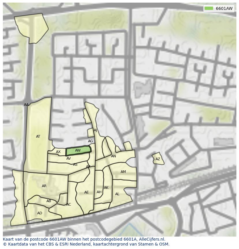 Afbeelding van het postcodegebied 6601 AW op de kaart.