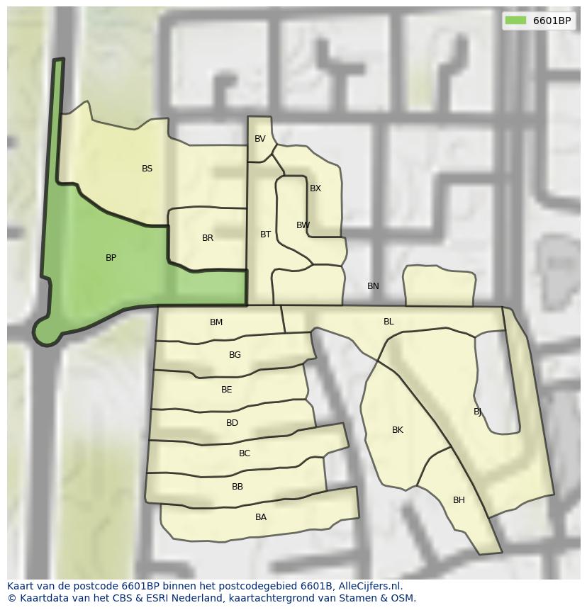 Afbeelding van het postcodegebied 6601 BP op de kaart.