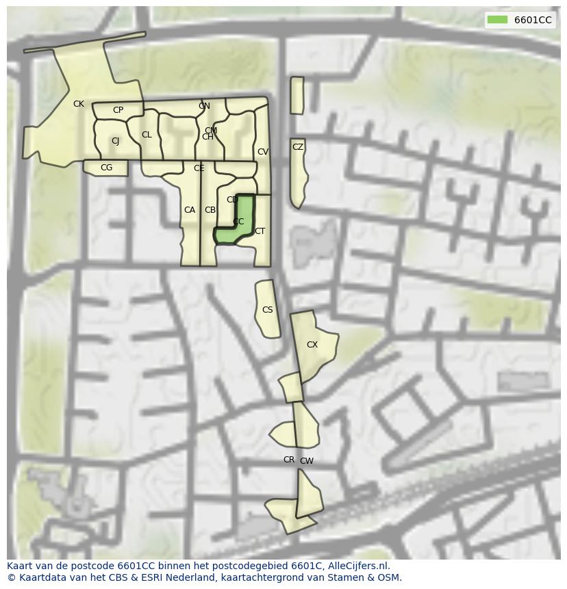 Afbeelding van het postcodegebied 6601 CC op de kaart.