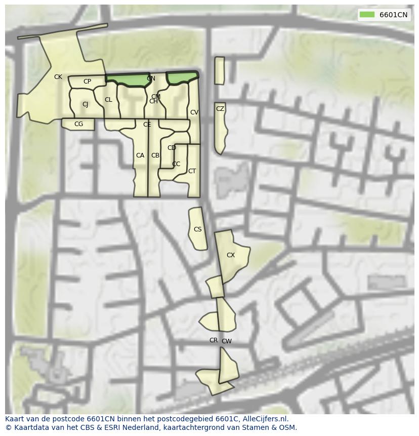 Afbeelding van het postcodegebied 6601 CN op de kaart.