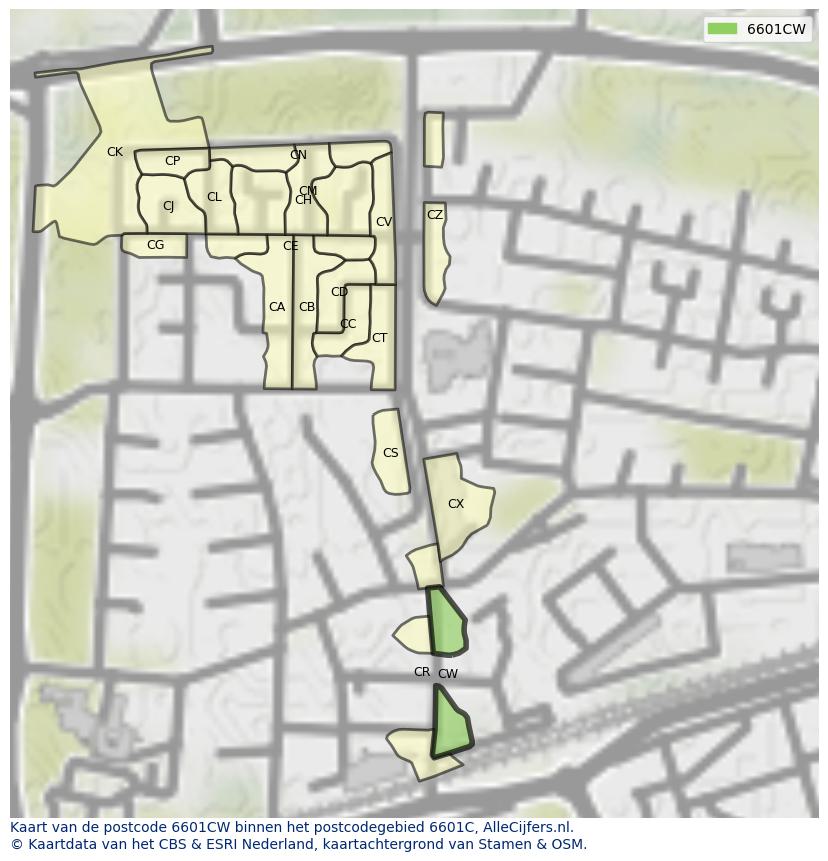 Afbeelding van het postcodegebied 6601 CW op de kaart.