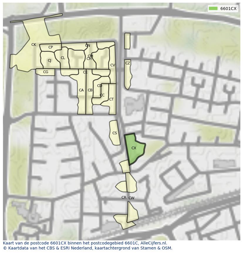 Afbeelding van het postcodegebied 6601 CX op de kaart.