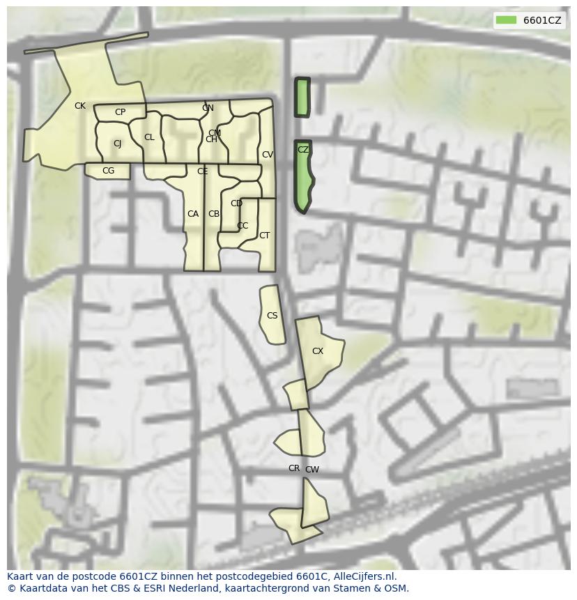 Afbeelding van het postcodegebied 6601 CZ op de kaart.