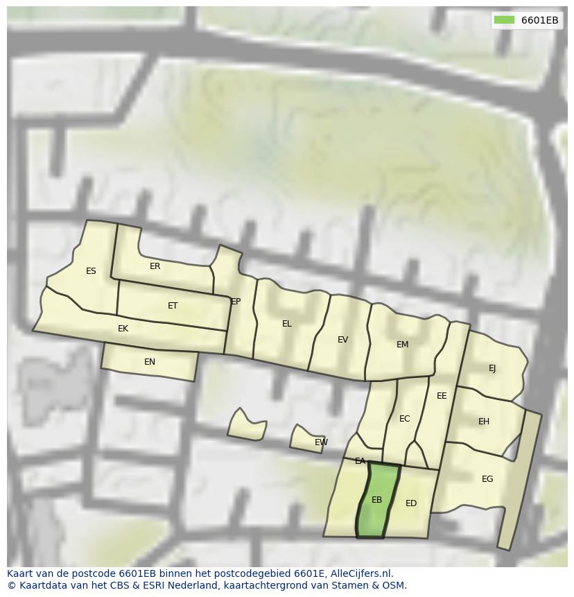 Afbeelding van het postcodegebied 6601 EB op de kaart.