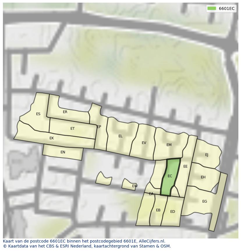 Afbeelding van het postcodegebied 6601 EC op de kaart.