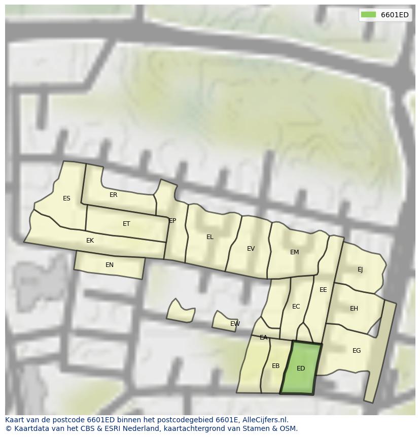 Afbeelding van het postcodegebied 6601 ED op de kaart.