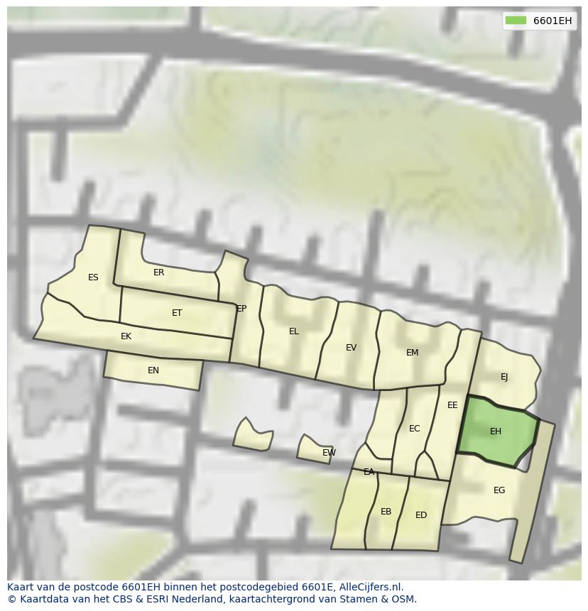 Afbeelding van het postcodegebied 6601 EH op de kaart.