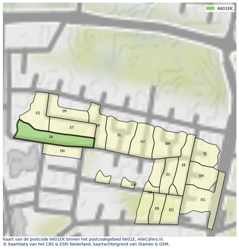Afbeelding van het postcodegebied 6601 EK op de kaart.