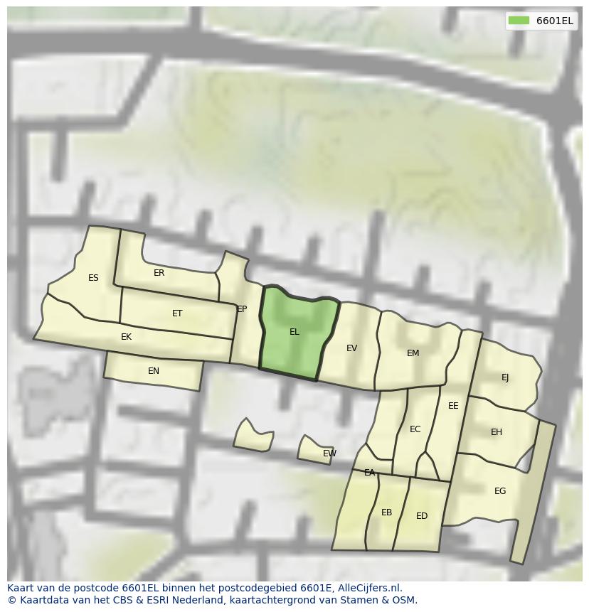 Afbeelding van het postcodegebied 6601 EL op de kaart.