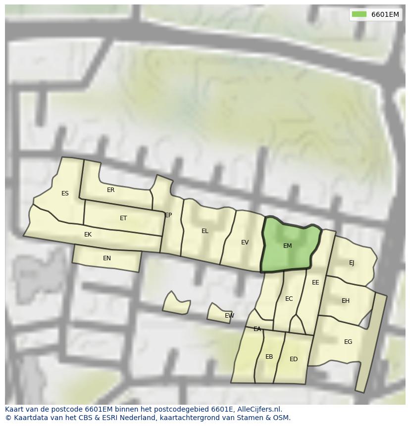 Afbeelding van het postcodegebied 6601 EM op de kaart.