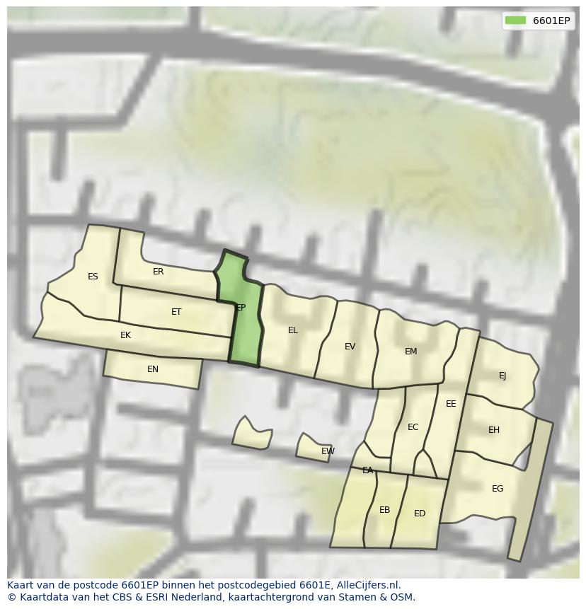 Afbeelding van het postcodegebied 6601 EP op de kaart.