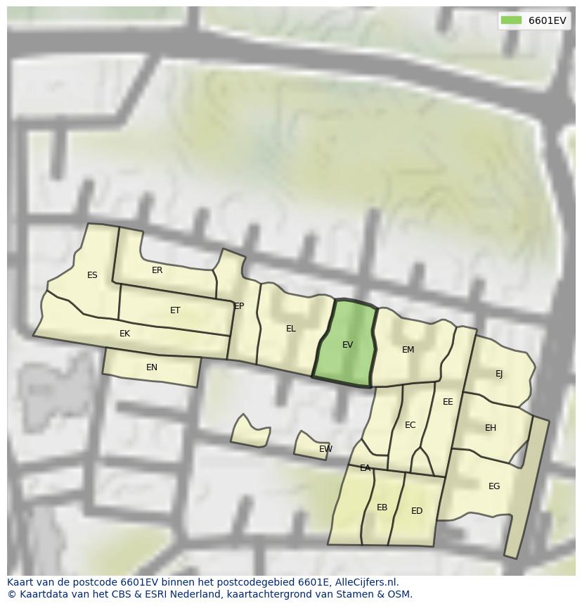 Afbeelding van het postcodegebied 6601 EV op de kaart.