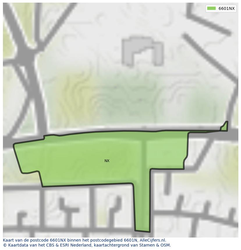Afbeelding van het postcodegebied 6601 NX op de kaart.