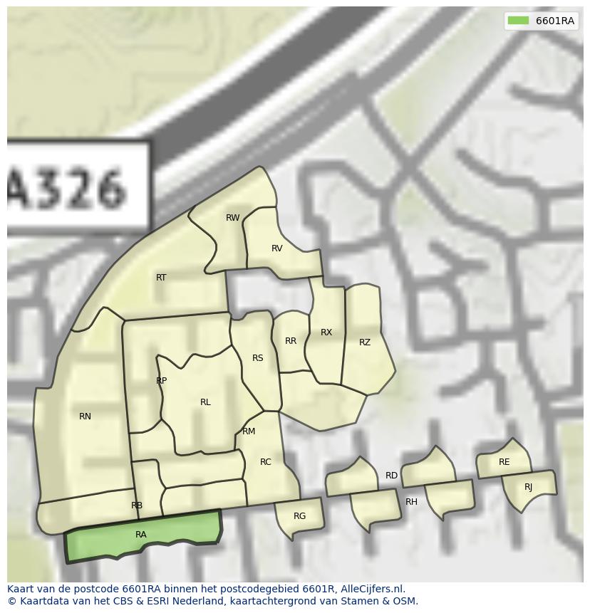 Afbeelding van het postcodegebied 6601 RA op de kaart.
