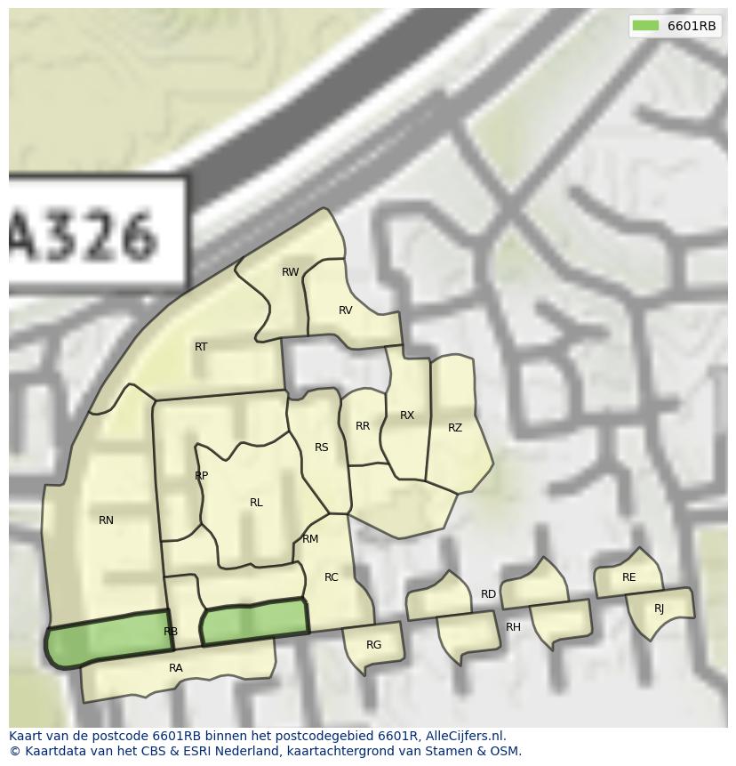 Afbeelding van het postcodegebied 6601 RB op de kaart.