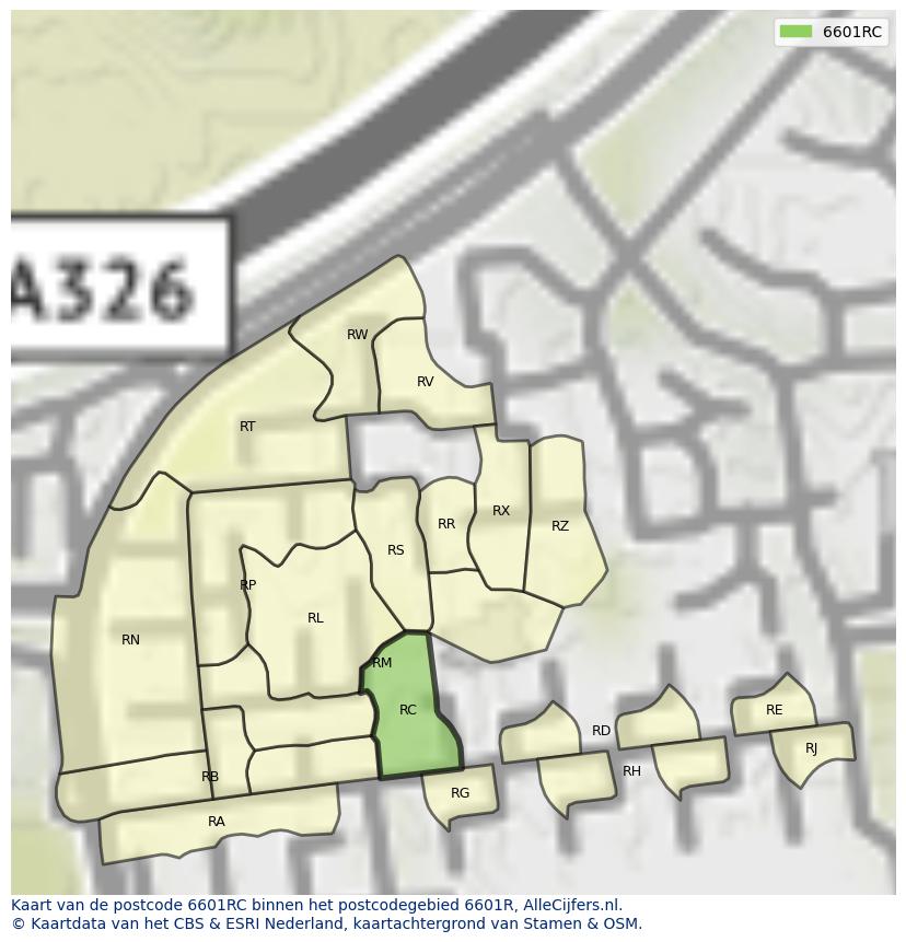 Afbeelding van het postcodegebied 6601 RC op de kaart.