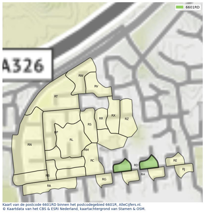 Afbeelding van het postcodegebied 6601 RD op de kaart.