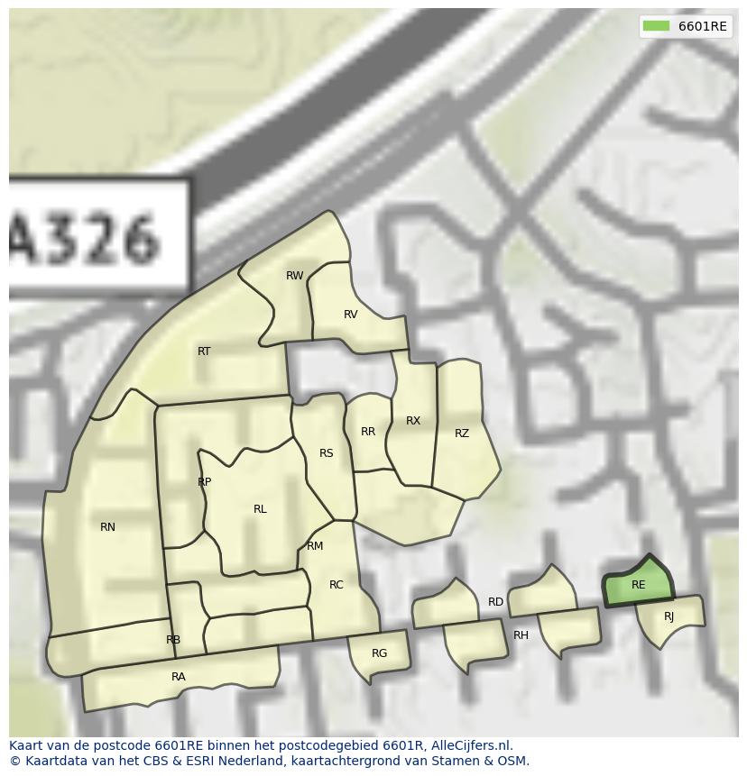 Afbeelding van het postcodegebied 6601 RE op de kaart.