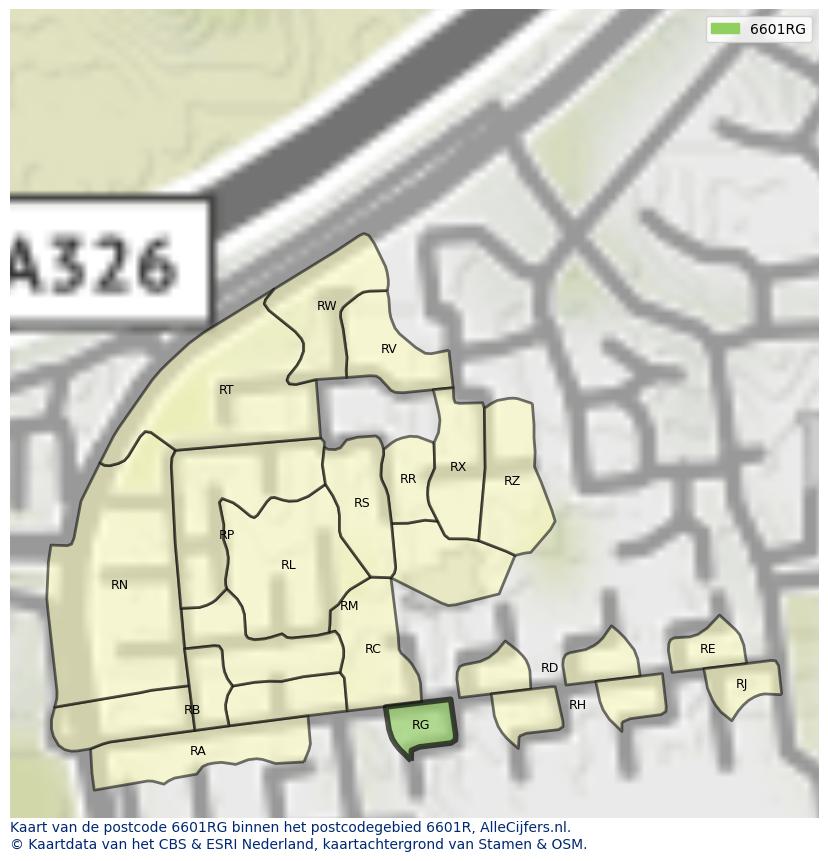 Afbeelding van het postcodegebied 6601 RG op de kaart.