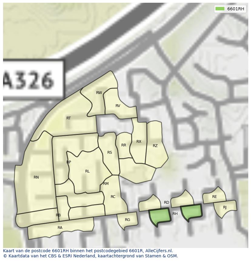 Afbeelding van het postcodegebied 6601 RH op de kaart.