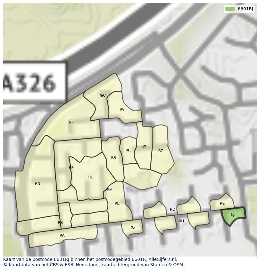 Afbeelding van het postcodegebied 6601 RJ op de kaart.