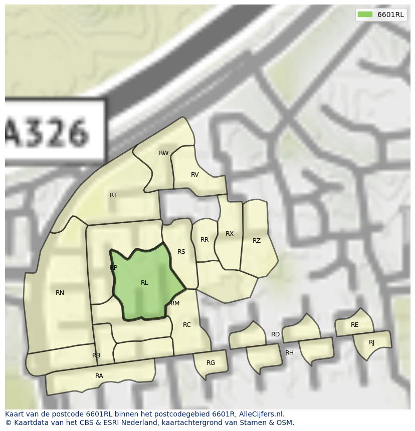 Afbeelding van het postcodegebied 6601 RL op de kaart.