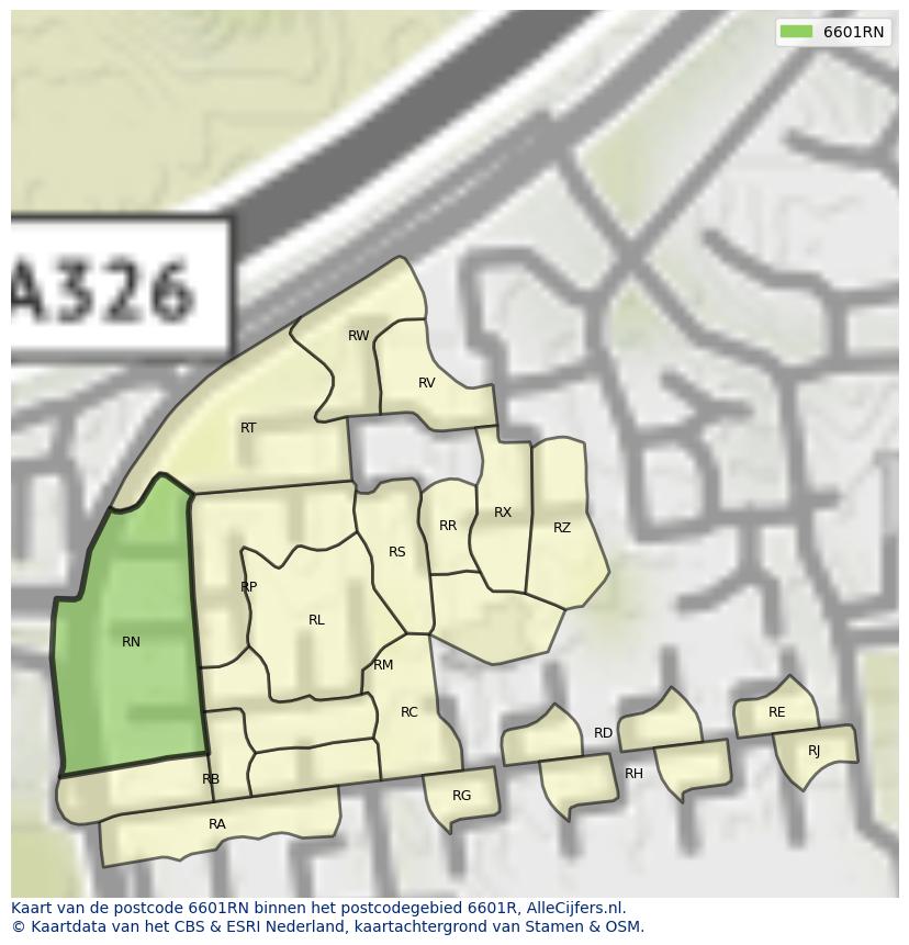 Afbeelding van het postcodegebied 6601 RN op de kaart.