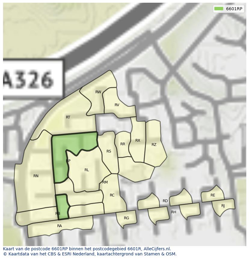 Afbeelding van het postcodegebied 6601 RP op de kaart.