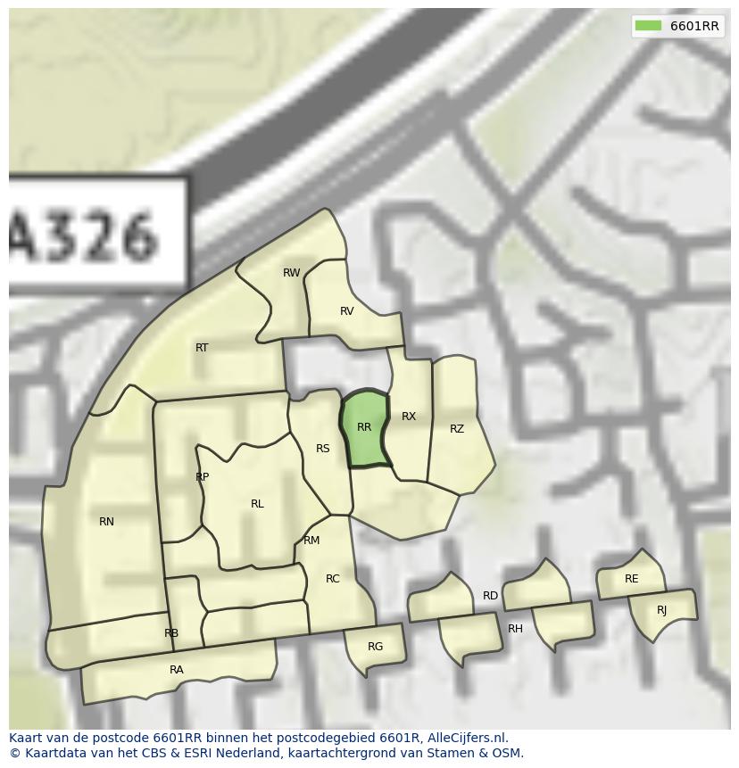 Afbeelding van het postcodegebied 6601 RR op de kaart.