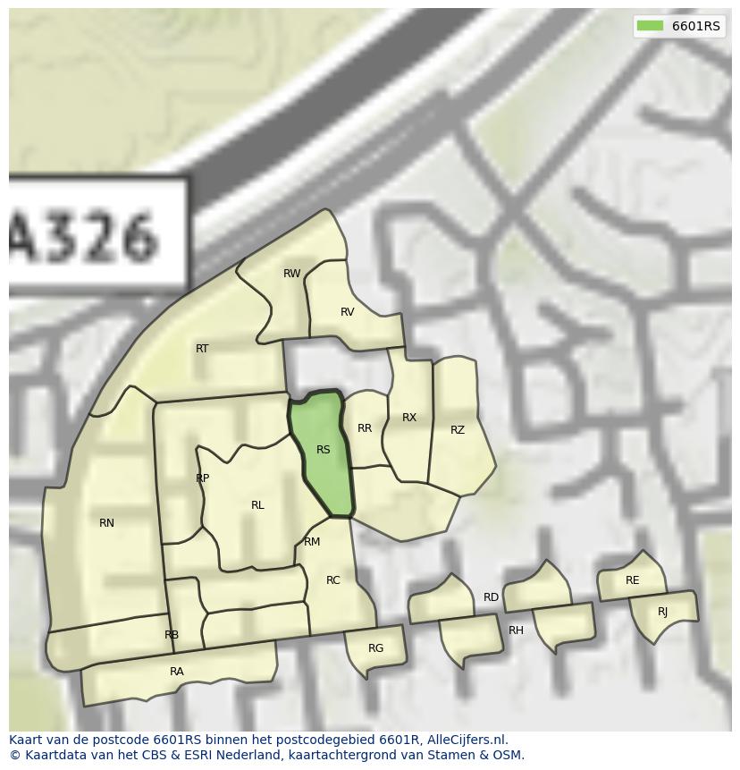 Afbeelding van het postcodegebied 6601 RS op de kaart.