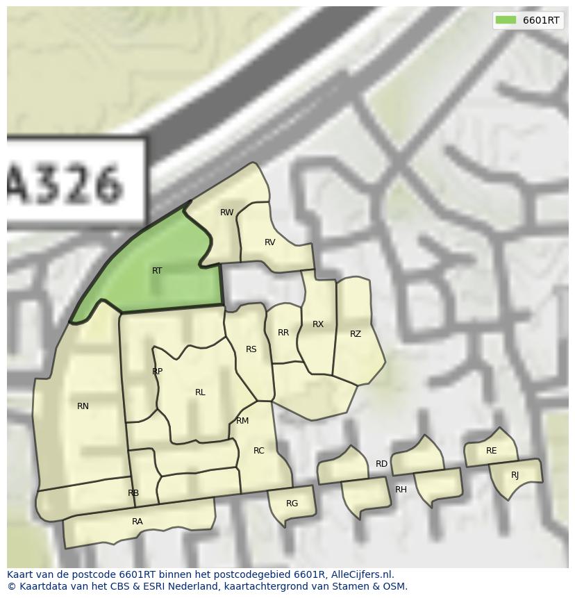 Afbeelding van het postcodegebied 6601 RT op de kaart.