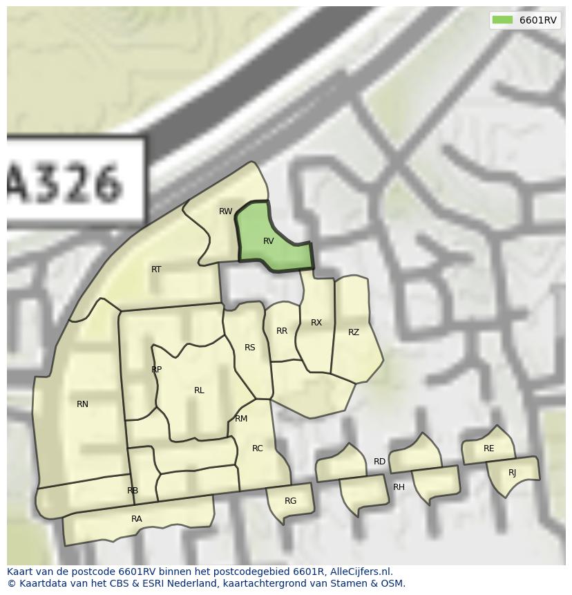 Afbeelding van het postcodegebied 6601 RV op de kaart.