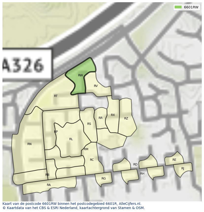 Afbeelding van het postcodegebied 6601 RW op de kaart.