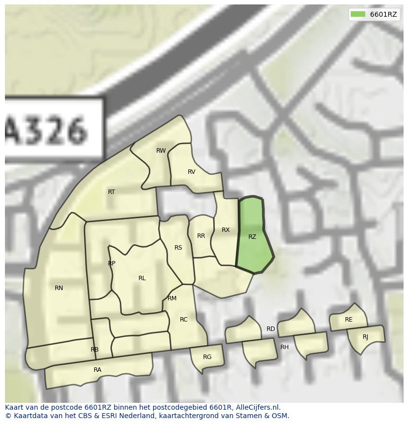 Afbeelding van het postcodegebied 6601 RZ op de kaart.