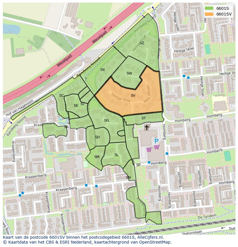 Afbeelding van het postcodegebied 6601 SV op de kaart.