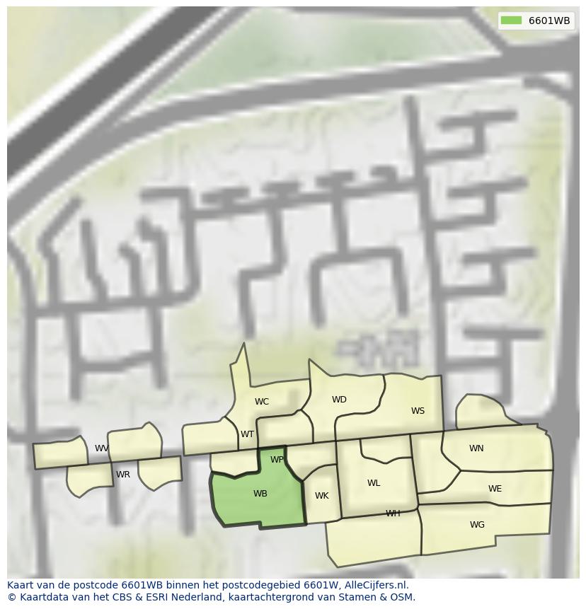 Afbeelding van het postcodegebied 6601 WB op de kaart.