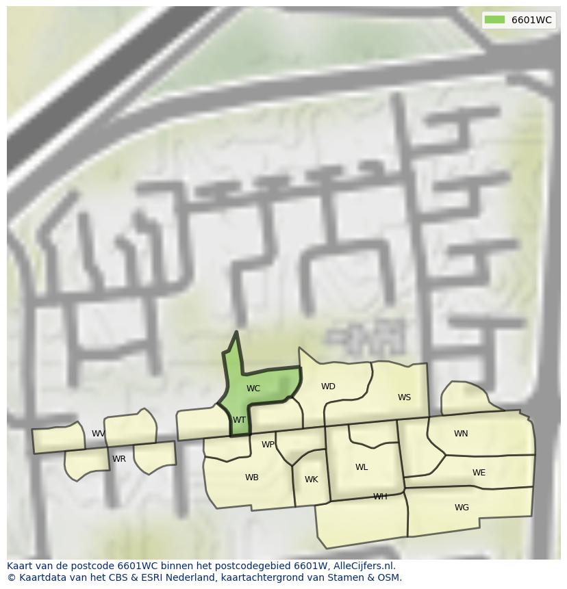 Afbeelding van het postcodegebied 6601 WC op de kaart.
