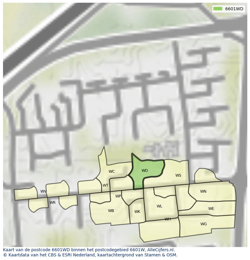Afbeelding van het postcodegebied 6601 WD op de kaart.