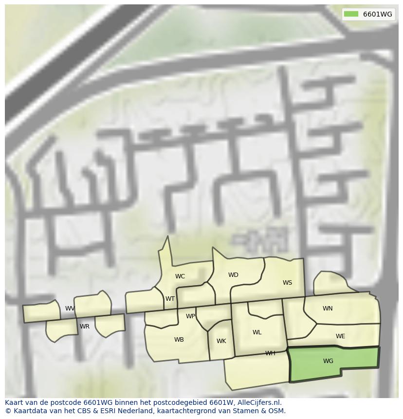 Afbeelding van het postcodegebied 6601 WG op de kaart.