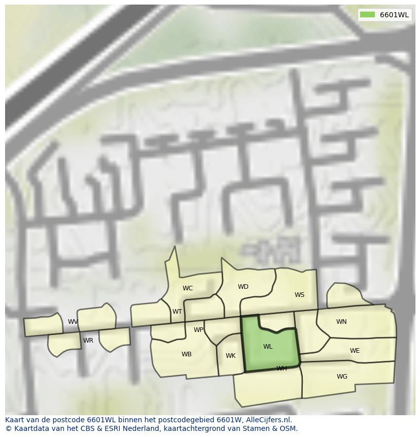 Afbeelding van het postcodegebied 6601 WL op de kaart.