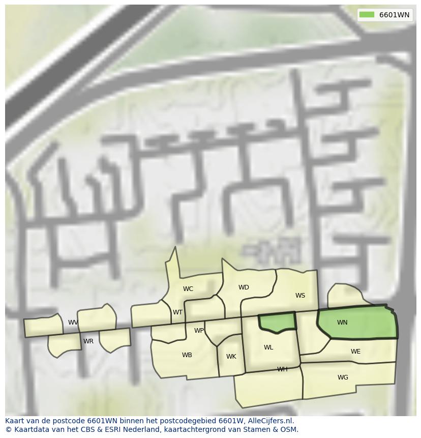 Afbeelding van het postcodegebied 6601 WN op de kaart.