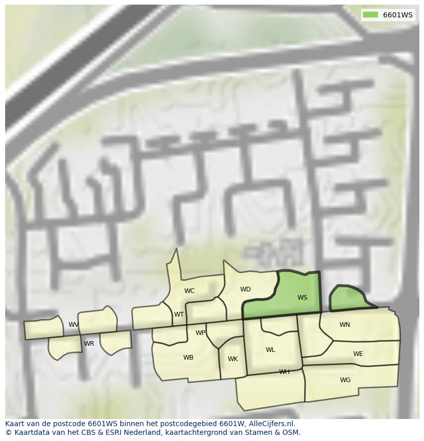 Afbeelding van het postcodegebied 6601 WS op de kaart.