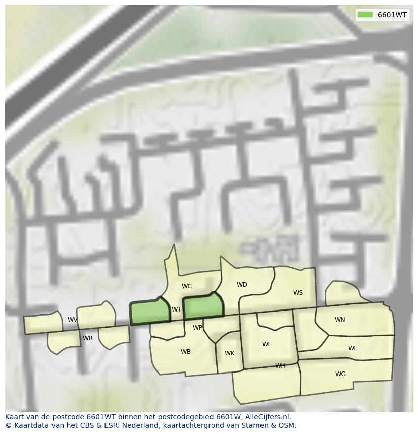 Afbeelding van het postcodegebied 6601 WT op de kaart.
