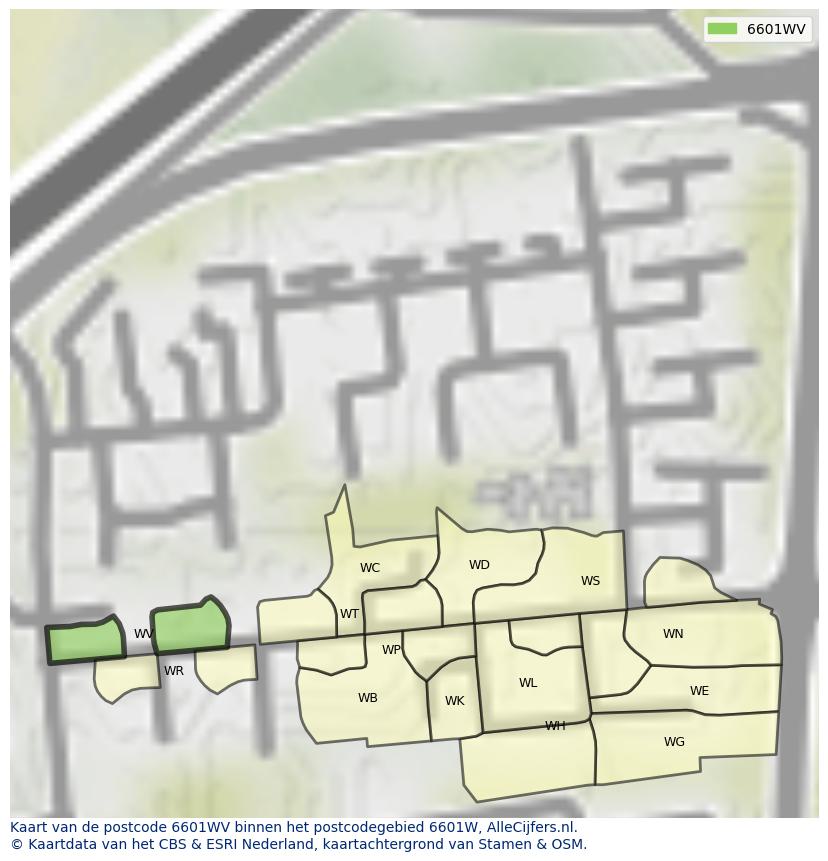Afbeelding van het postcodegebied 6601 WV op de kaart.