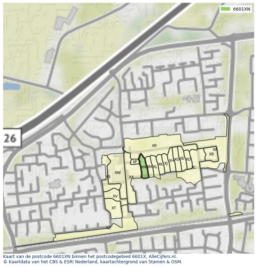 Afbeelding van het postcodegebied 6601 XN op de kaart.