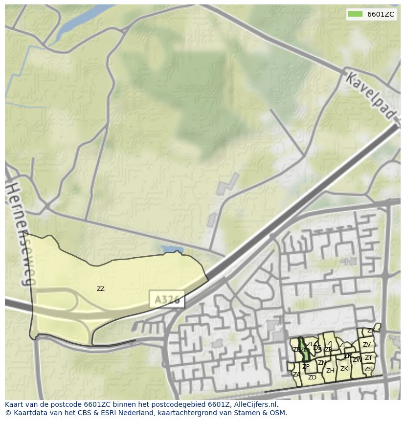 Afbeelding van het postcodegebied 6601 ZC op de kaart.