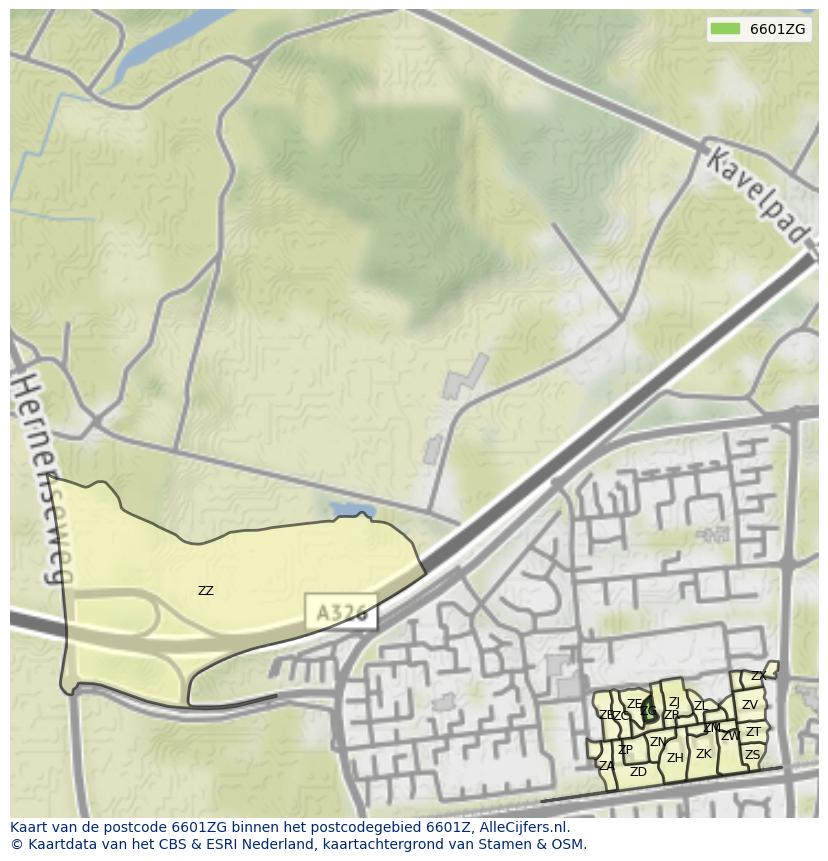 Afbeelding van het postcodegebied 6601 ZG op de kaart.
